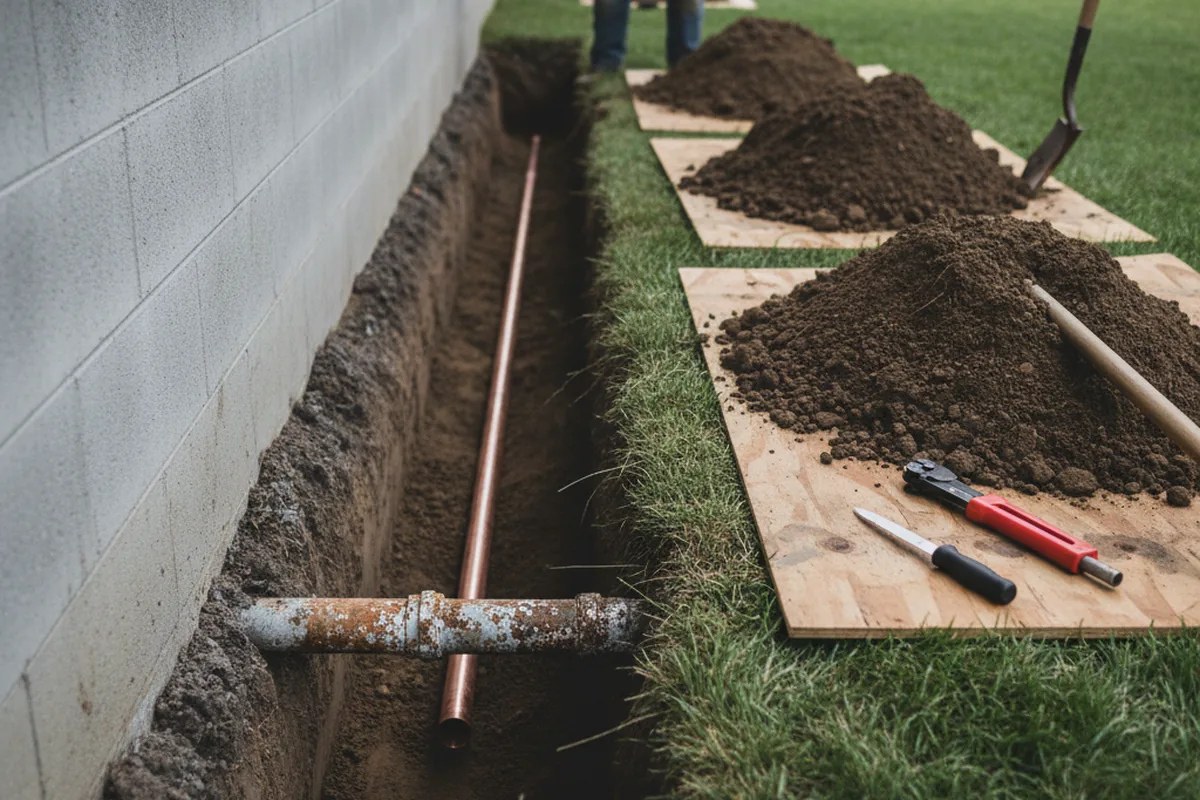 Excavated water line trench during Sewer Line Repair in Bruno
